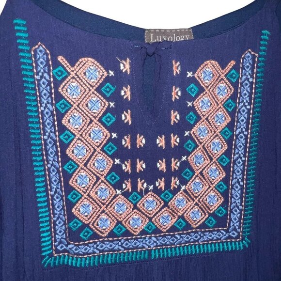 NEW! Luxology Dress Navy Blue Crepe Cold Shoulder Embroidered Dress Women's  18 - Picture 3 of 10